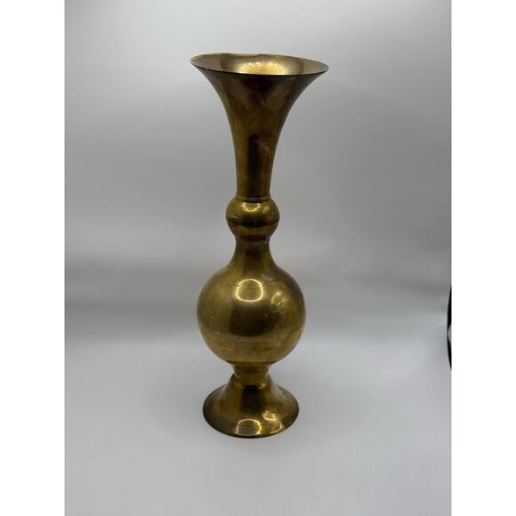 Other - Vintage Brass Fluted Pedestal Bud Vase India 11” Tall Beautiful‎ Patina